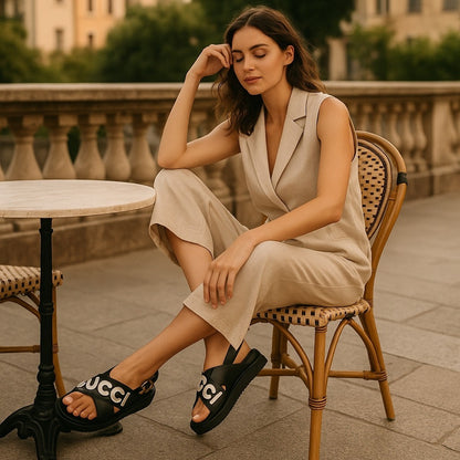 NWT Gucci Black & White Logo Appliqué Leather Slingback Sandals Size 36.5 EU/6.5