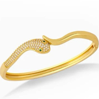 18k Gold Plated Stainless Steel AAA CZ Snake Bangle Bracelet Emerald Green Eyes