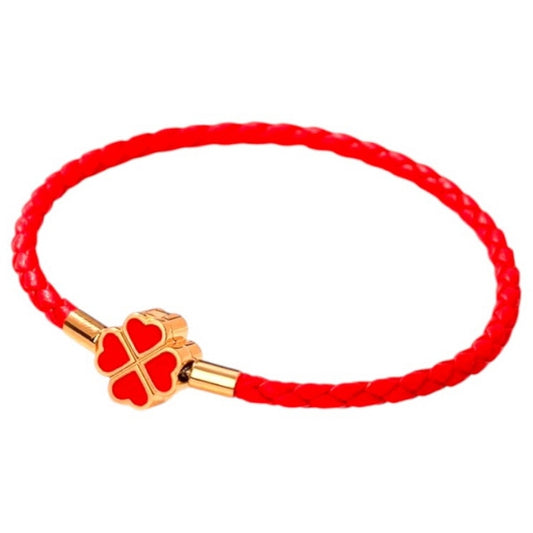 Genuine Woven Leather and Stainless Steel Four Leaf Clover Charm Bracelet