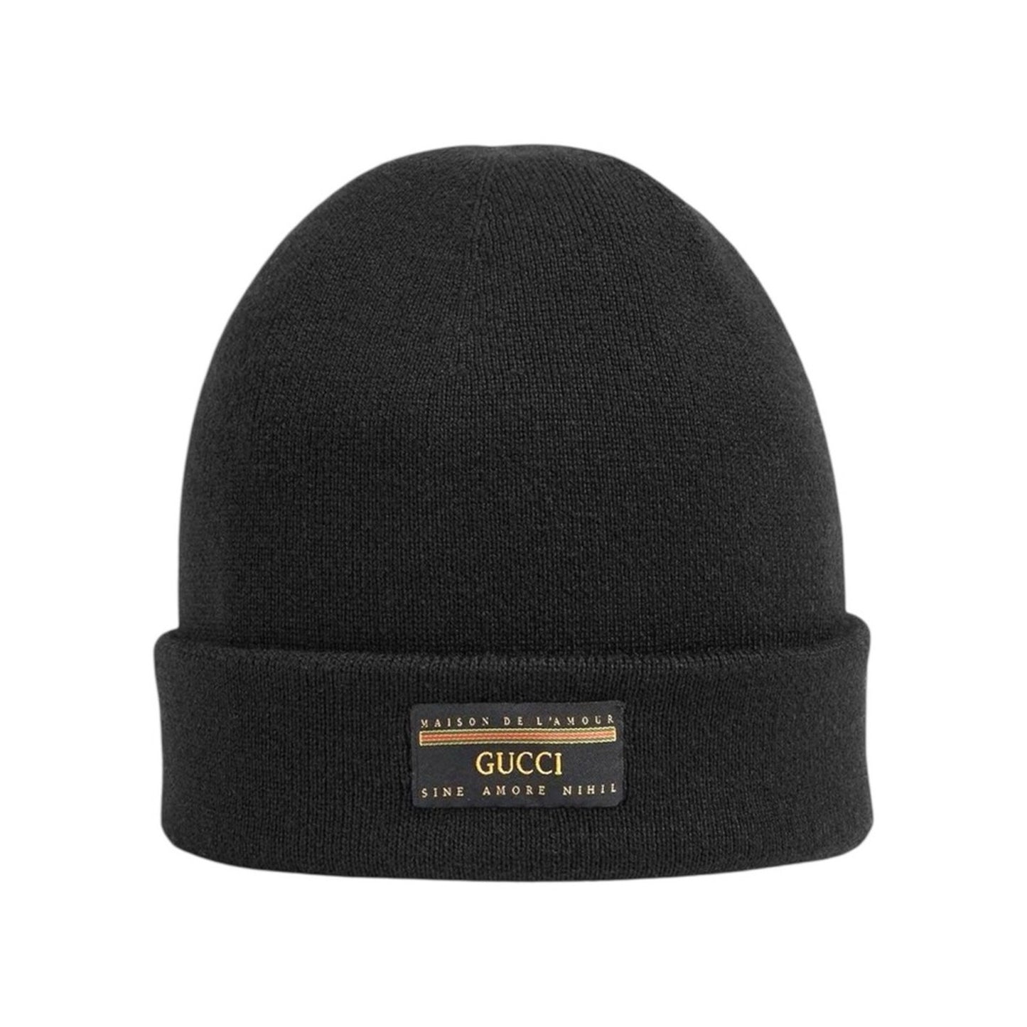 NWT Gucci Maison de l’Amour Patch Logo Black Wool Unisex Beanie Size S / 21cm