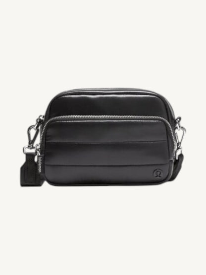 Lululemon Everywhere Crossbody 2L Wunder Puff Black — front view with strap | Shimmer & Shawls