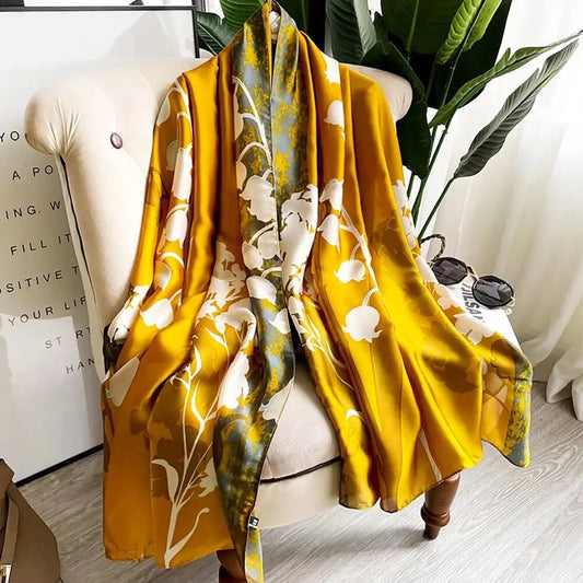 Spring Blossom Silk-Emulation Satin Large Scarf