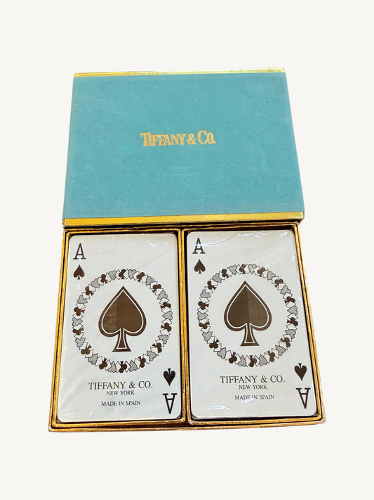 Vintage Tiffany & Co. Playing Cards — open box top-down view showing both factory-sealed decks with Ace of Spades visible | Shimmer & Shawls