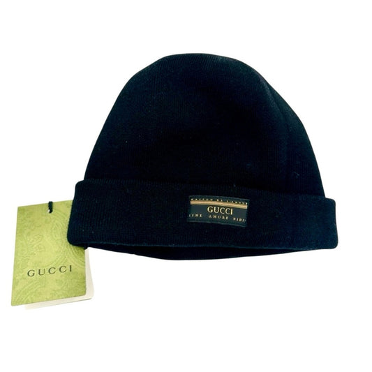 NWT Gucci Maison de l’Amour Patch Logo Black Wool Unisex Beanie Size S / 21cm