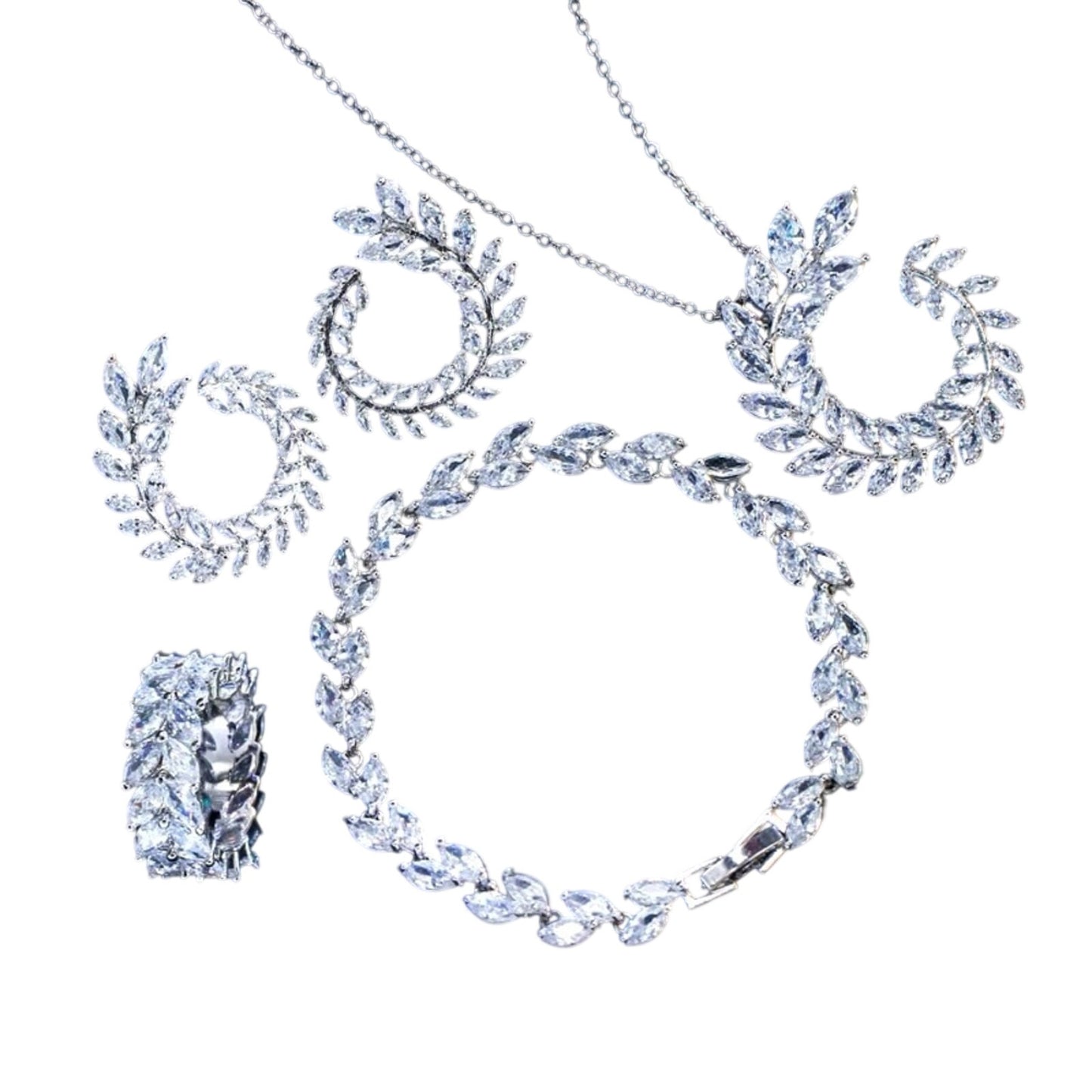 4 Pcs Set 925 Sterling Silver Cubic Zirconia Necklace, Earrings, Bracelet, Ring