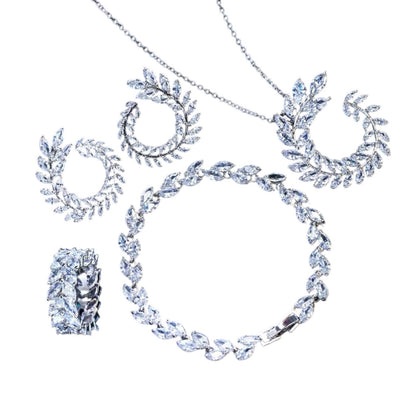 4 Pcs Set 925 Sterling Silver Cubic Zirconia Necklace, Earrings, Bracelet, Ring