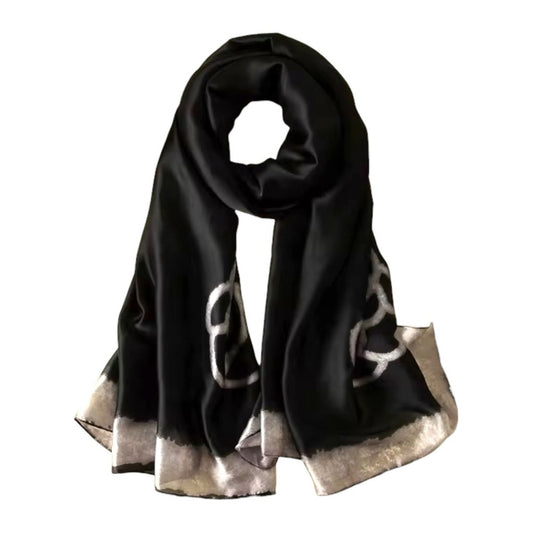 Black Floral Border Silky Satin Scarf Shawl Wrap – Oversized Lightweight