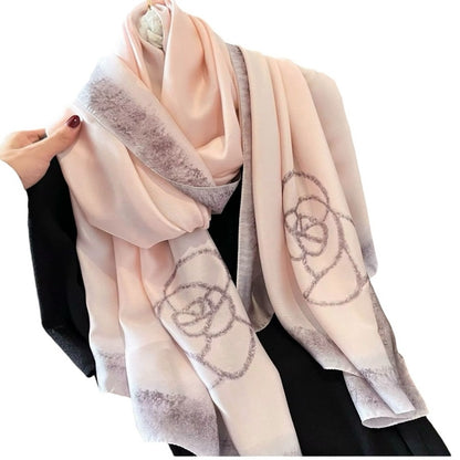 Blush Pink Floral Border Silky Satin Scarf Shawl Wrap – Oversized Lightweight