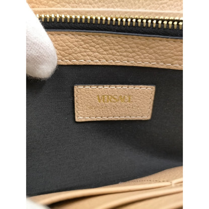 Versace Virtus Beige Leather Zip Around Wallet Gold Baroque V Logo Continental