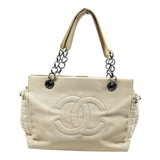 Chanel Chocolate Bar Cabas Net Beige Canvas & Quilted Leather Tote