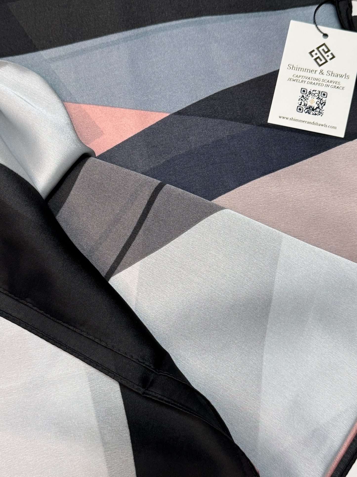 The Sintra – Pink Grey Geometric Silky Satin Scarf Shawl Wrap