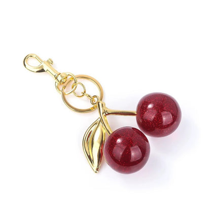 Red Glitter Cherry Bag Charm Keychain | Purse Charm with Gold Hardware