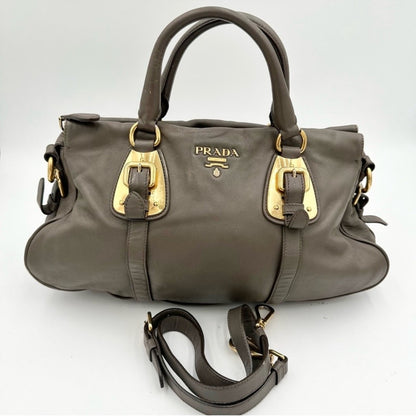 Prada Vitello Daino Leather Satchel in Elegant Taupe Gray –Timeless & Versatile