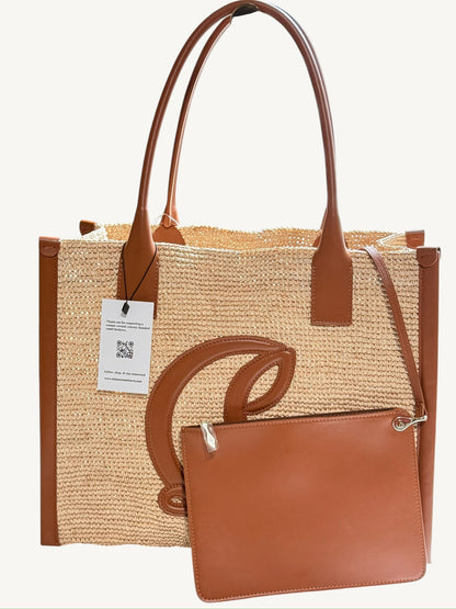 Christian Louboutin By My Side Large Tote side view showing structured raffia body and leather handles