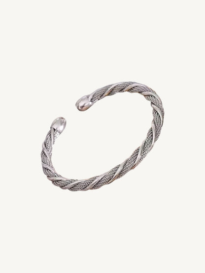 The Torsade silver twisted mesh open cuff bracelet — front view | Shimmer & Shawls