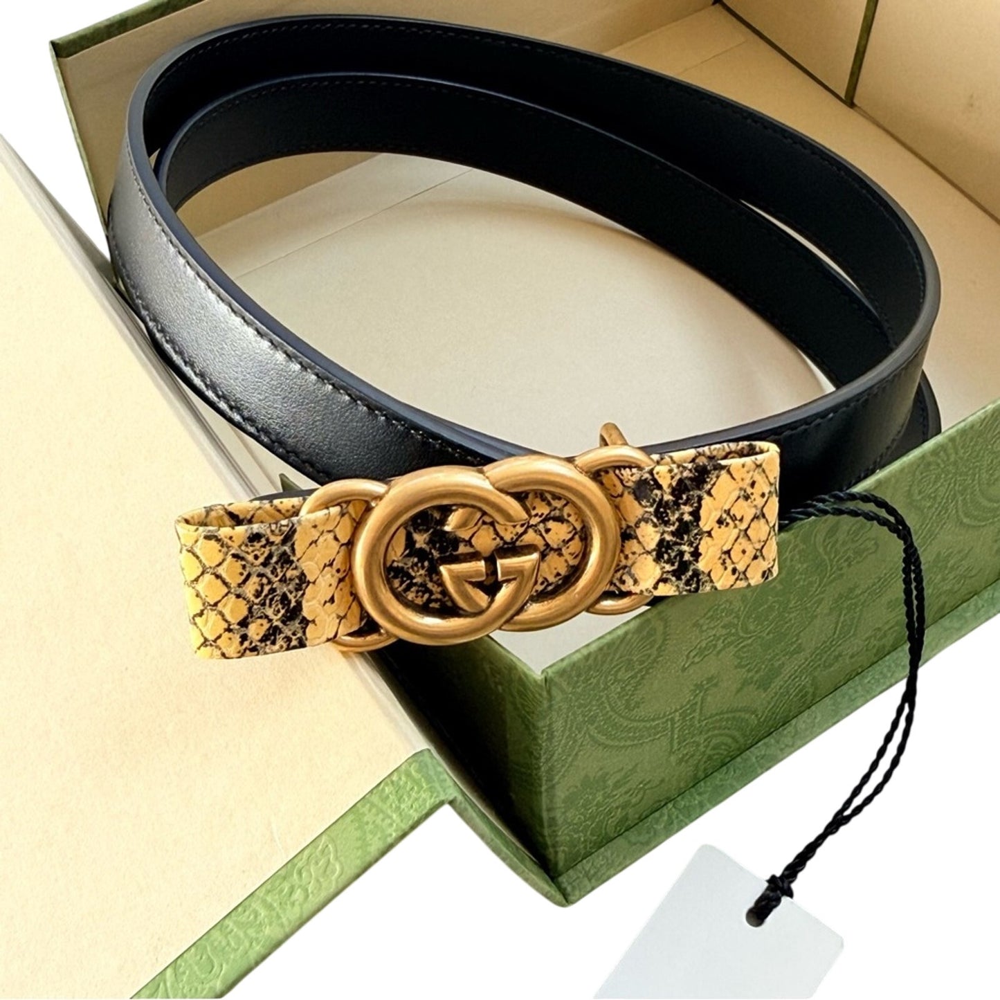 NWT & Box Gucci Black Leather Belt with Python-Wrapped Interlocking G Buckle