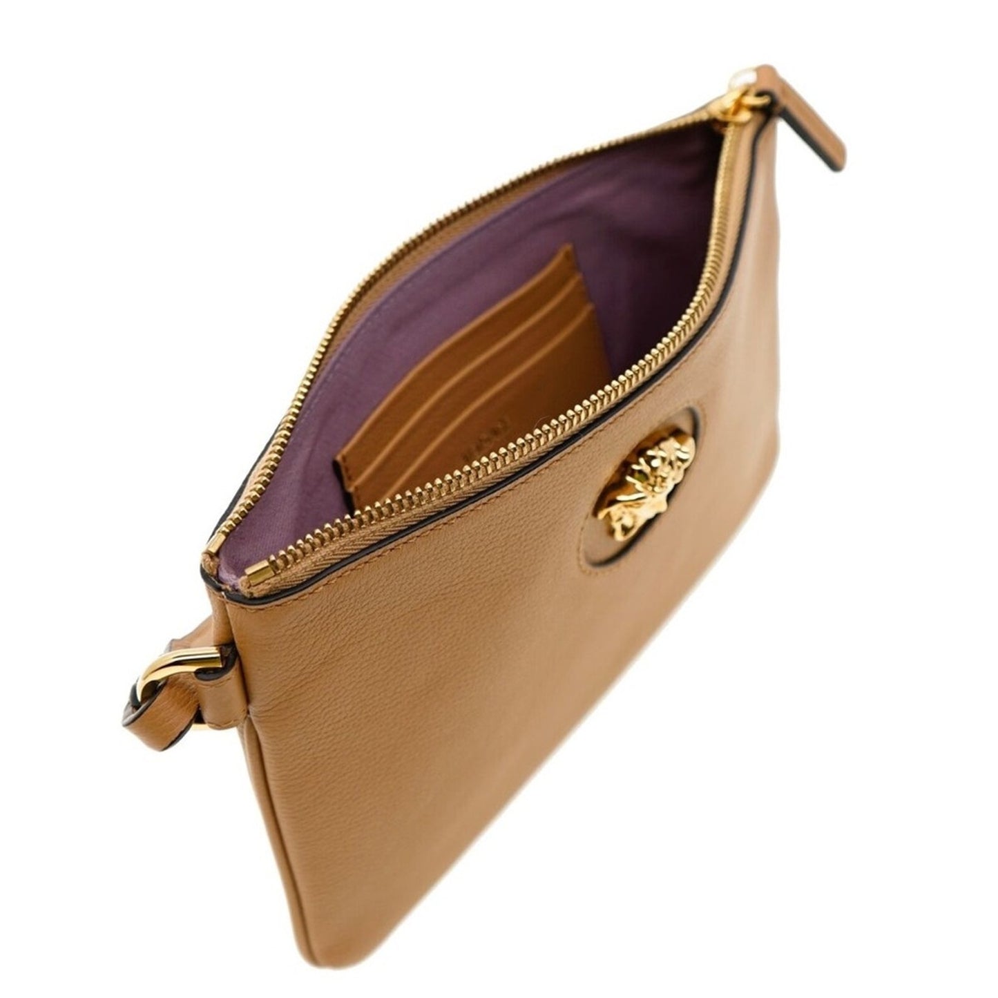 NWT Retail $1050 Versace Medusa Leather Wristlet Clutch – Tan