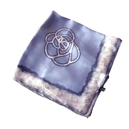 Light Blue Floral Border Silky Satin Scarf Shawl Wrap – Oversized Lightweight