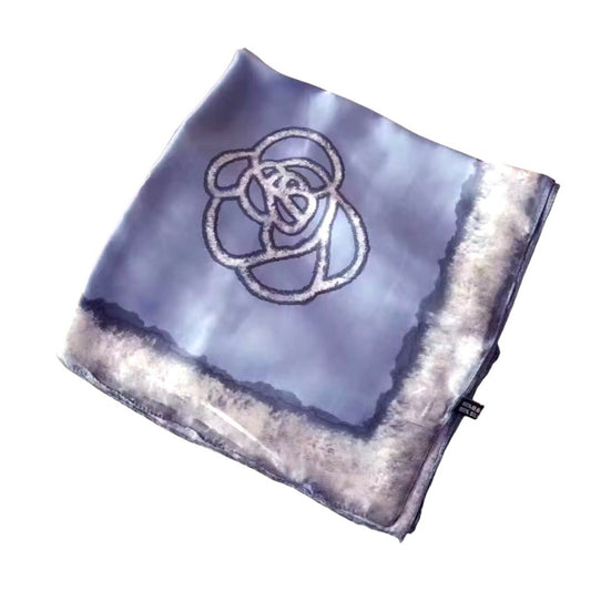 Light Blue Floral Border Silky Satin Scarf Shawl Wrap – Oversized Lightweight