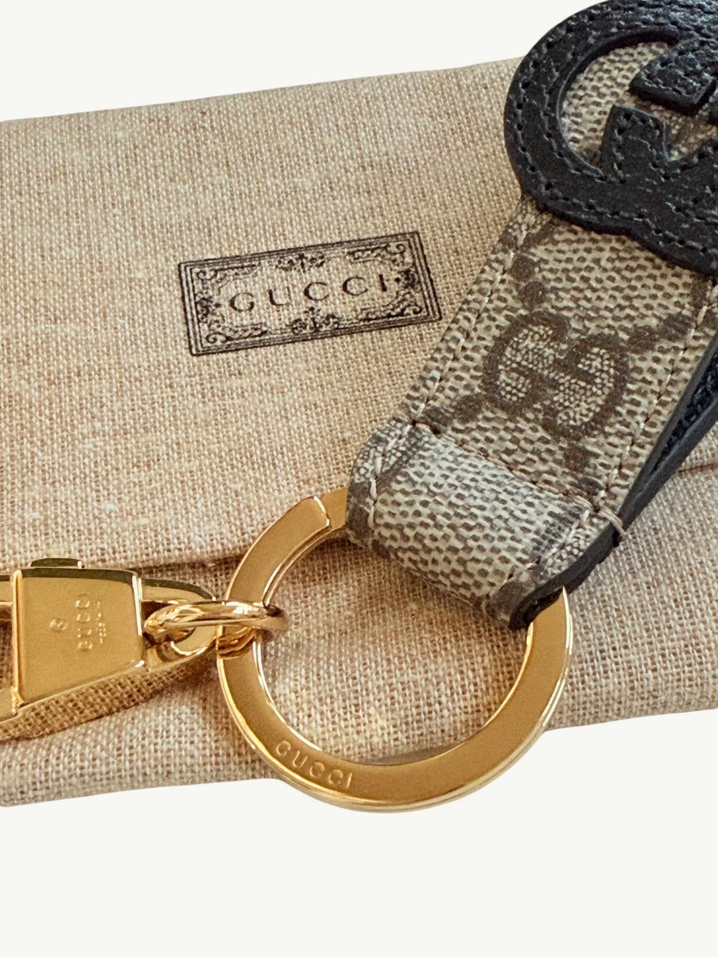 Gucci Interlocking G Key Ring Bag Charm — full front view on white background showing GG Supreme strap | Shimmer & Shawls
