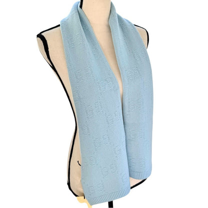 NWT with Box Gucci GG Wool Scarf in Baby Blue – 100% Wool, Made in Italy,