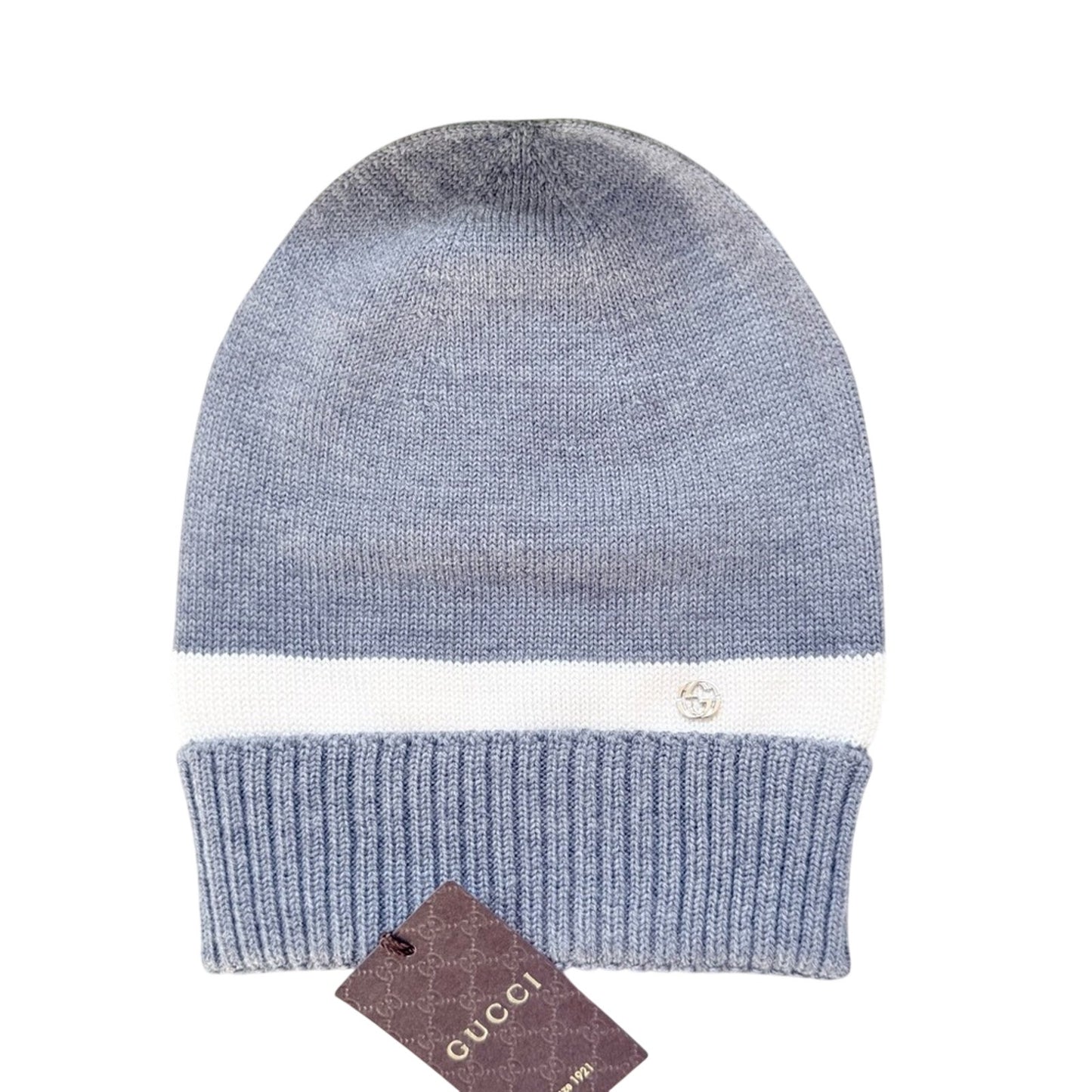 NWT & Box Gucci New Port Web Stripe Knit 100% Wool Beanie Hat Gray & White