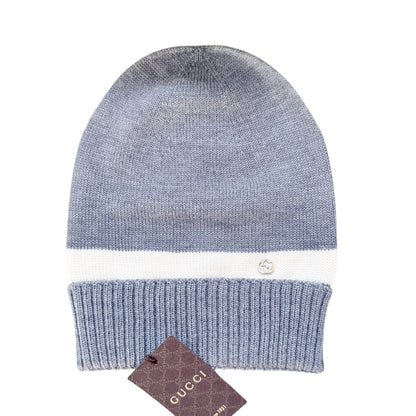 NWT & Box Gucci New Port Web Stripe Knit 100% Wool Beanie Hat Gray & White