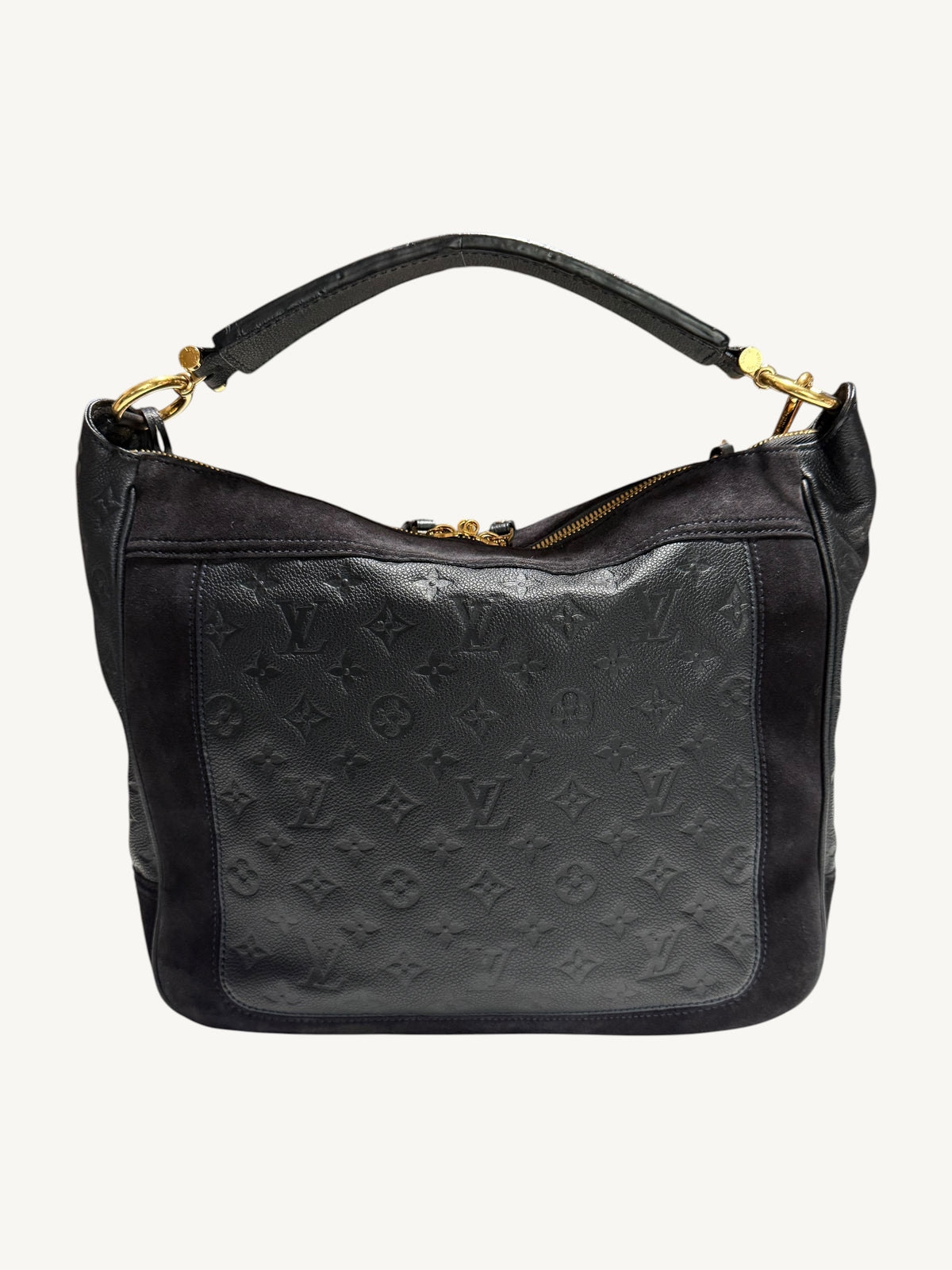 Louis Vuitton Audacieuse MM Infini — back view showing monogram empreinte leather, suede side panels, flat leather top handle and gold-tone zipper pulls

