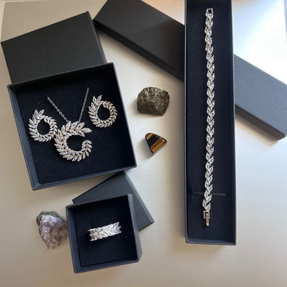 4 Pcs Set 925 Sterling Silver Cubic Zirconia Necklace, Earrings, Bracelet, Ring