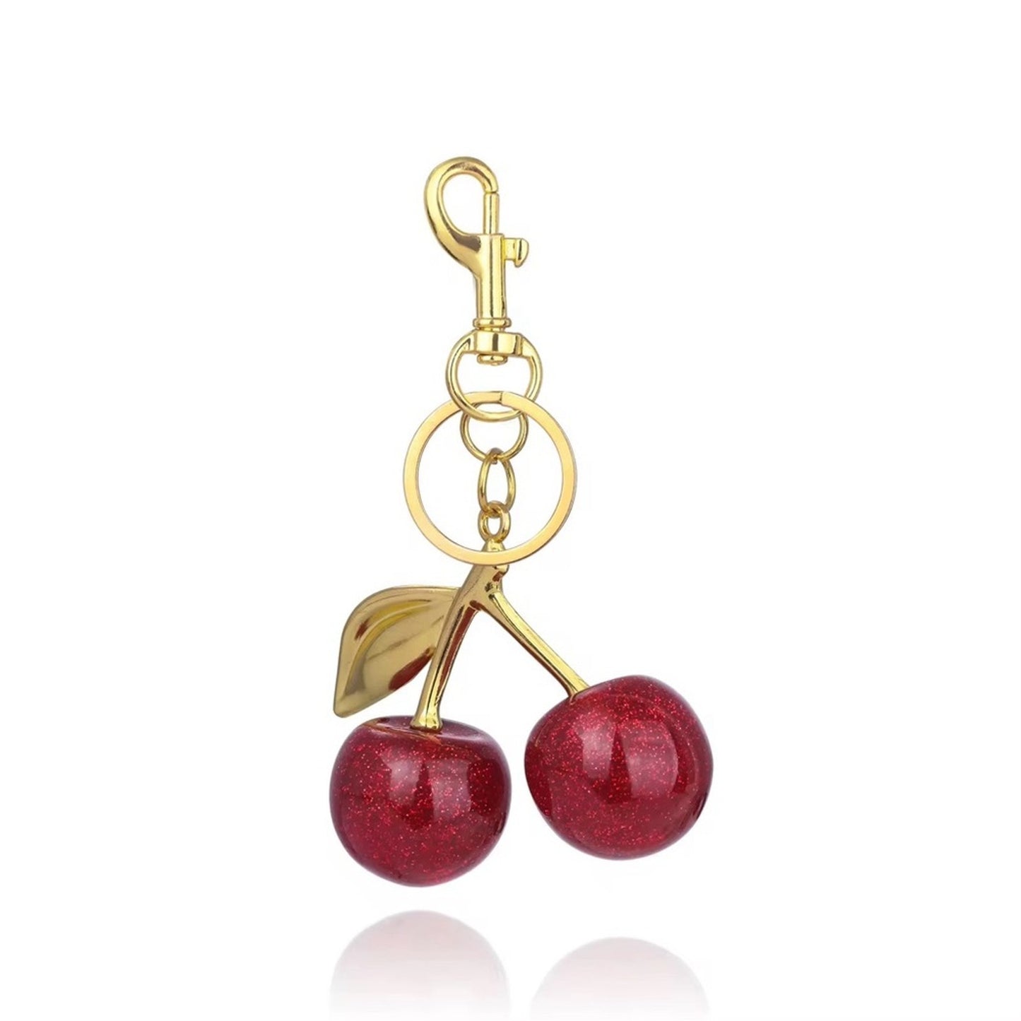 Red Glitter Cherry Bag Charm Keychain | Purse Charm with Gold Hardware