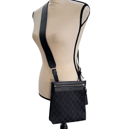 Gucci Black GG Canvas Crossbody Bag Unisex Italian Classic Silver Hardware