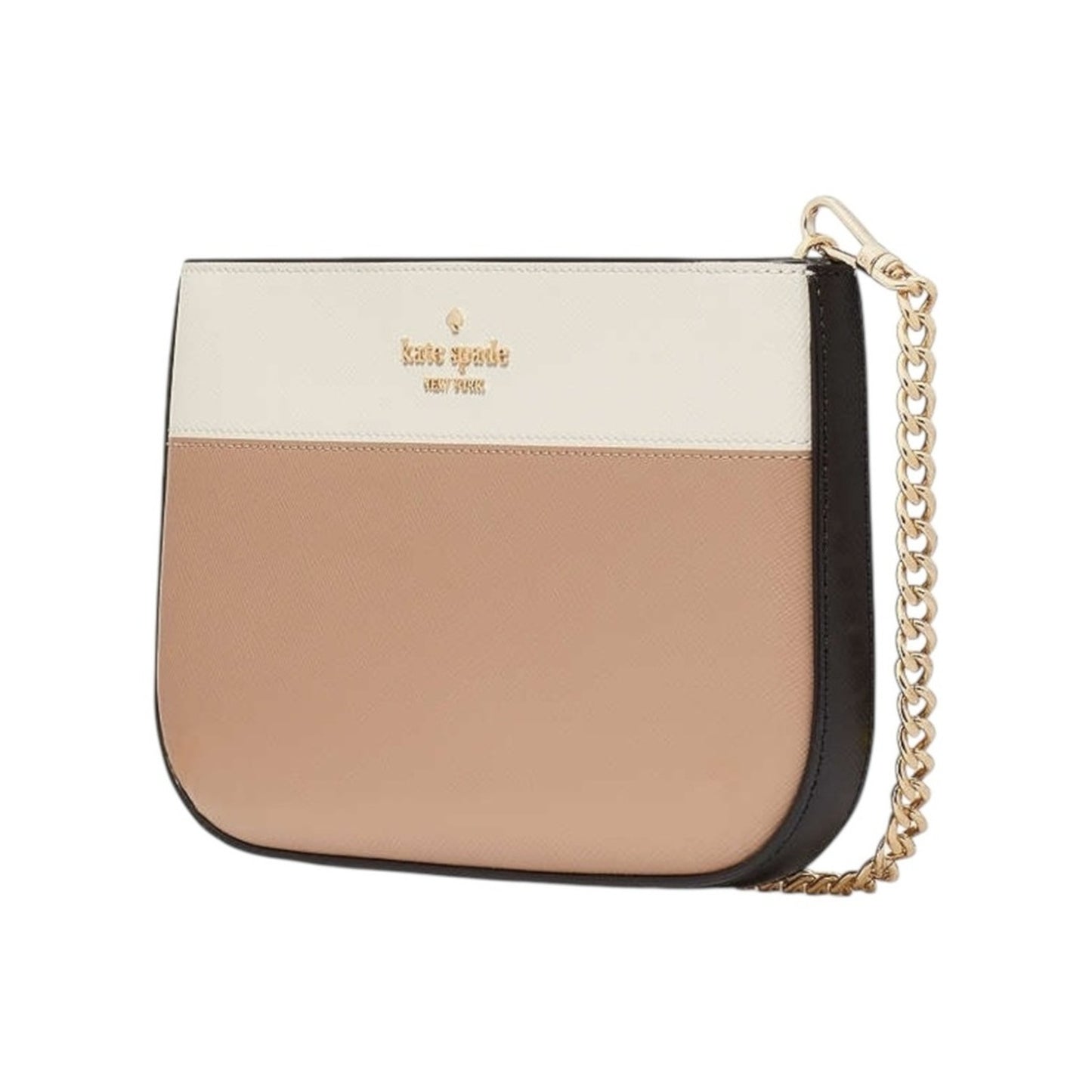 Kate Spade Cream & Tan Saffiano Leather & Gold Wristlet Pochette hand Bag NWT