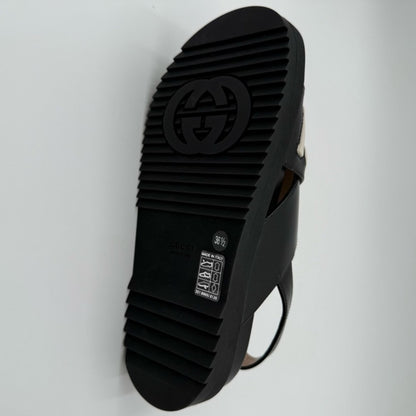 NWT Gucci Black & White Logo Appliqué Leather Slingback Sandals Size 36.5 EU/6.5