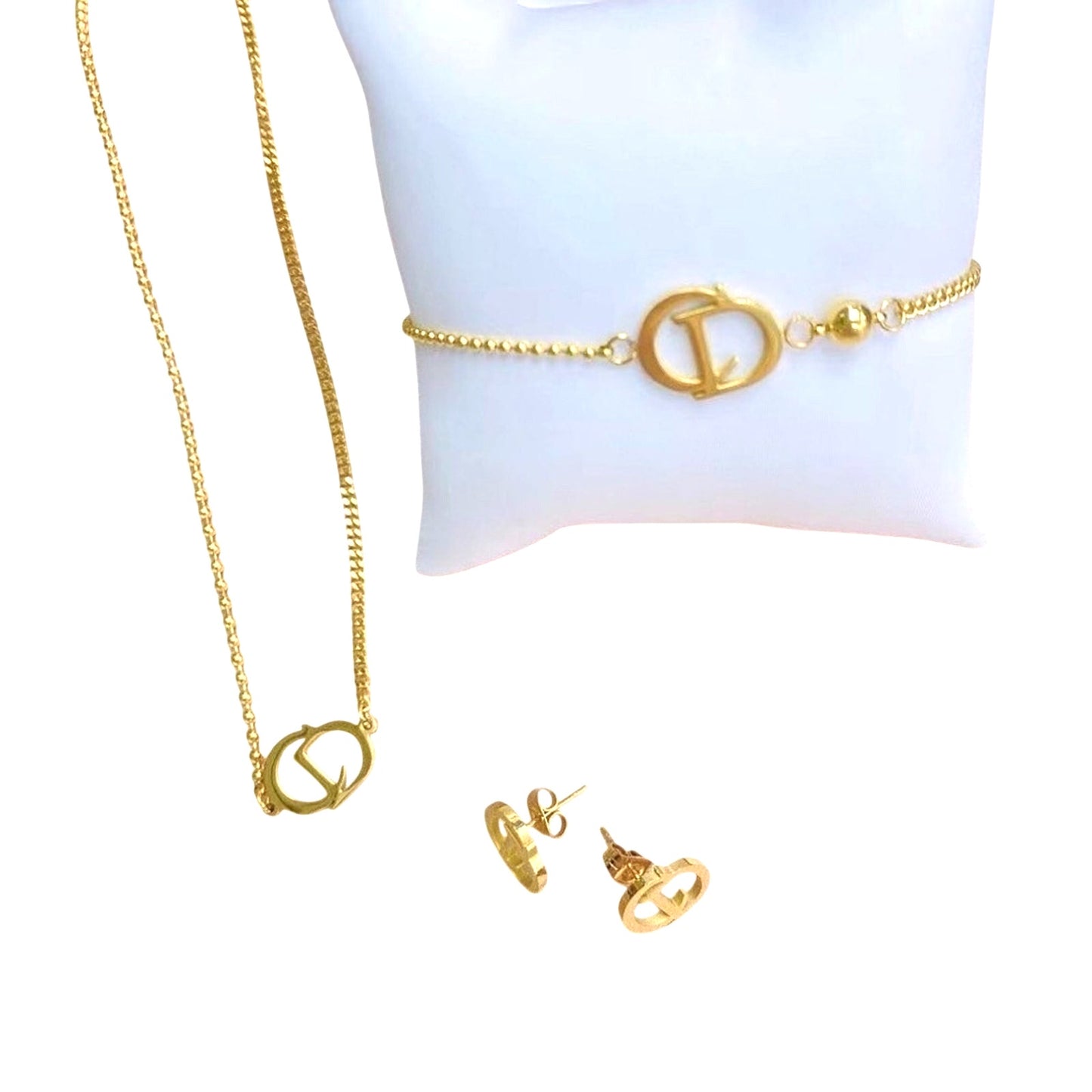 Gold Plated Stainless Steel 3 Piece Set Necklace, Bracelet, and Earrings