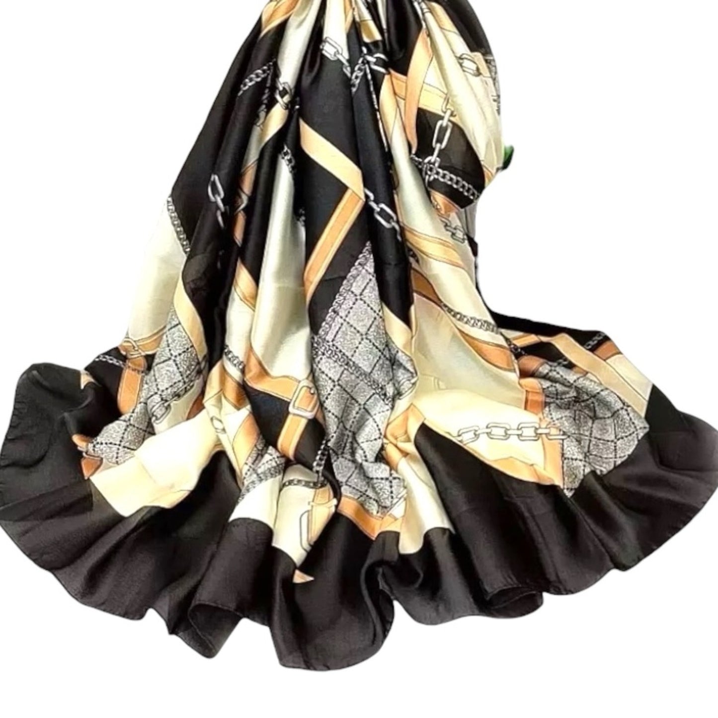 Black Gold Chain Silky Satin Scarf Shawl Wrap – Oversized Lightweight