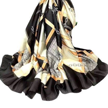 Black Gold Chain Silky Satin Scarf Shawl Wrap – Oversized Lightweight