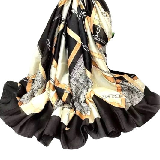 Black Gold Chain Silky Satin Scarf Shawl Wrap – Oversized Lightweight