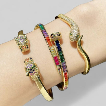 18k Gold Plated Stainless Steel AAA Rainbow CZ Leopard Adjustable Bracelet