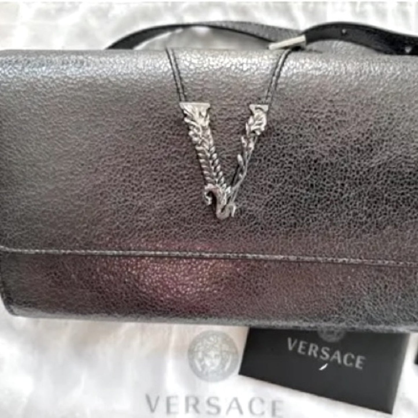 Versace Metallic Leather Virtus Bag – Gunmetal Hardware – NWT with Dust Bag