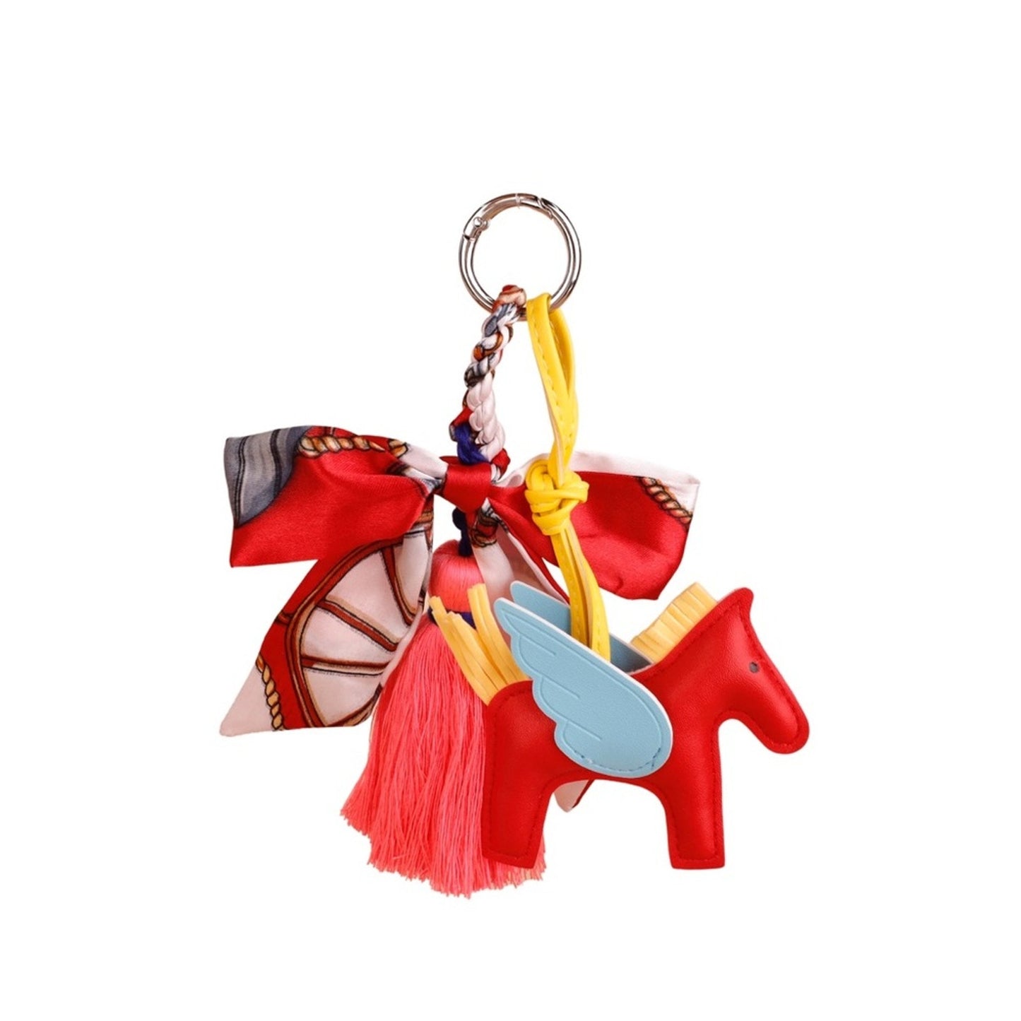 Pink Winged Horse Silky Scarf & Tassel Bag Charm Keychain– PU Leather