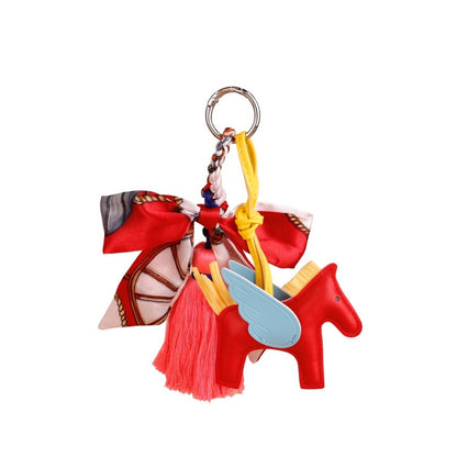 Pink Winged Horse Silky Scarf & Tassel Bag Charm Keychain– PU Leather