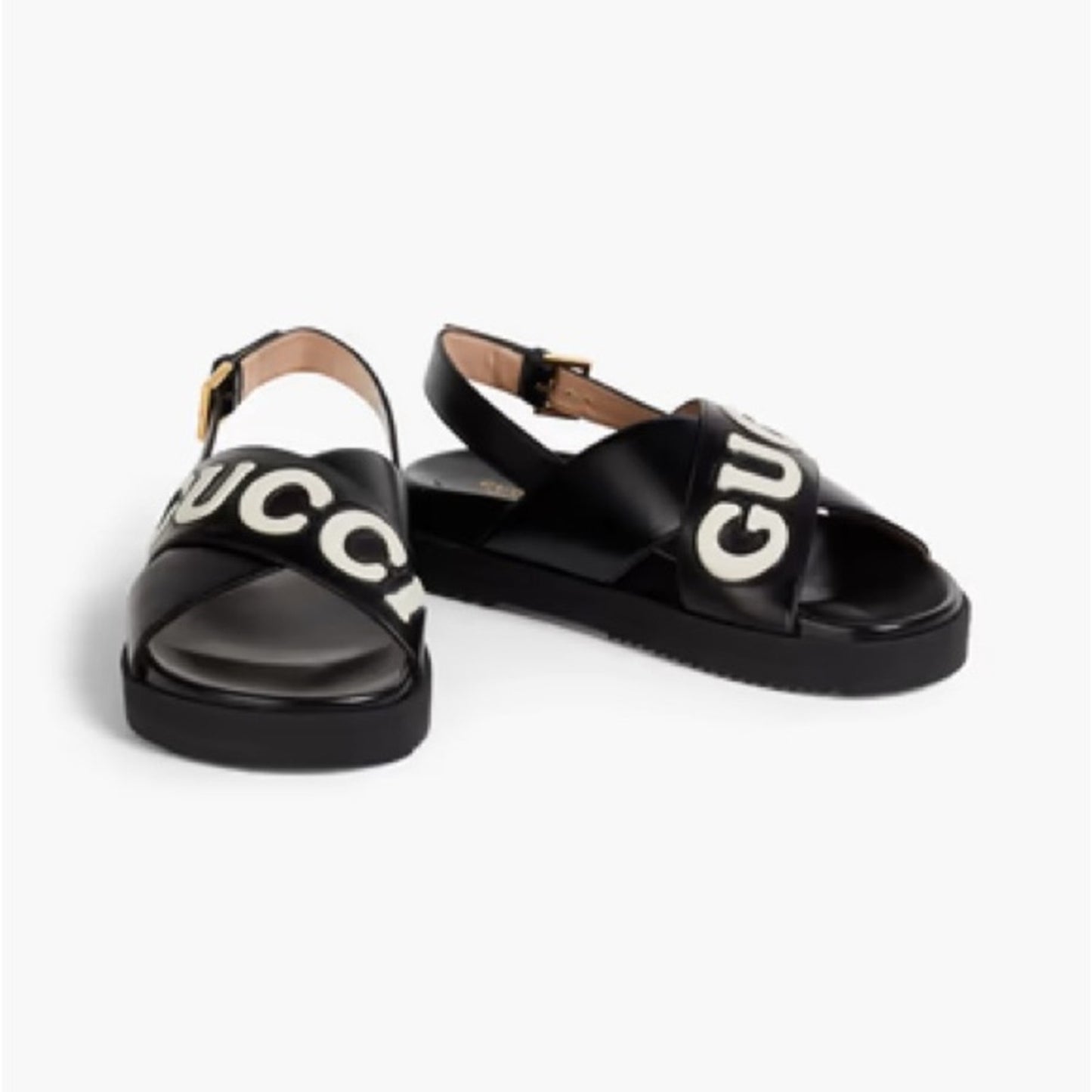 NWT Gucci Black & White Logo Appliqué Leather Slingback Sandals Size 36.5 EU/6.5