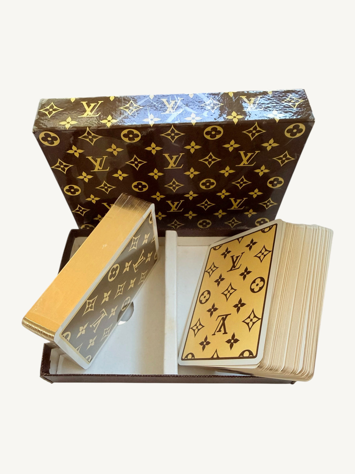 Vintage Louis Vuitton Playing Cards Set — additional detail view of monogram case and cards | Shimmer & Shawls