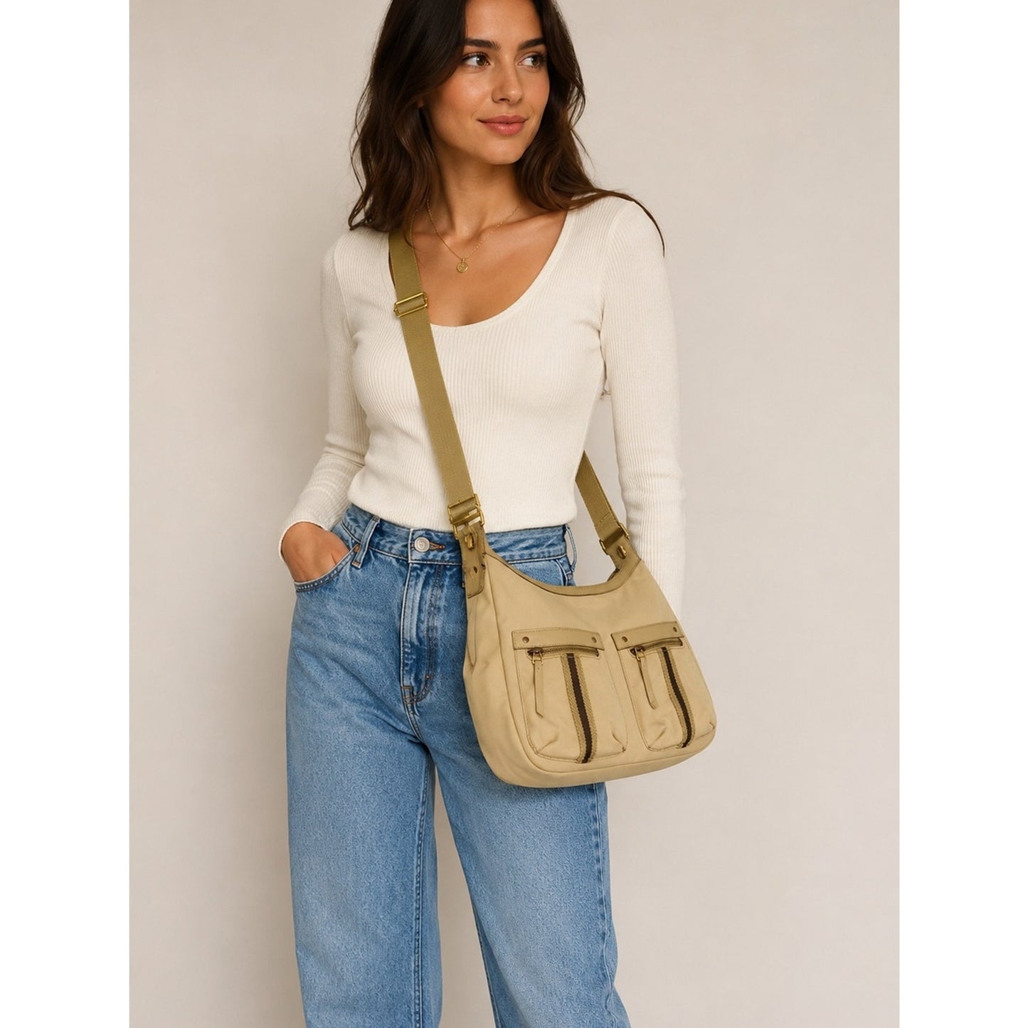 Gucci Sherry Line Beige Canvas Crossbody / Shoulder Hobo Bag Adjustable Strap