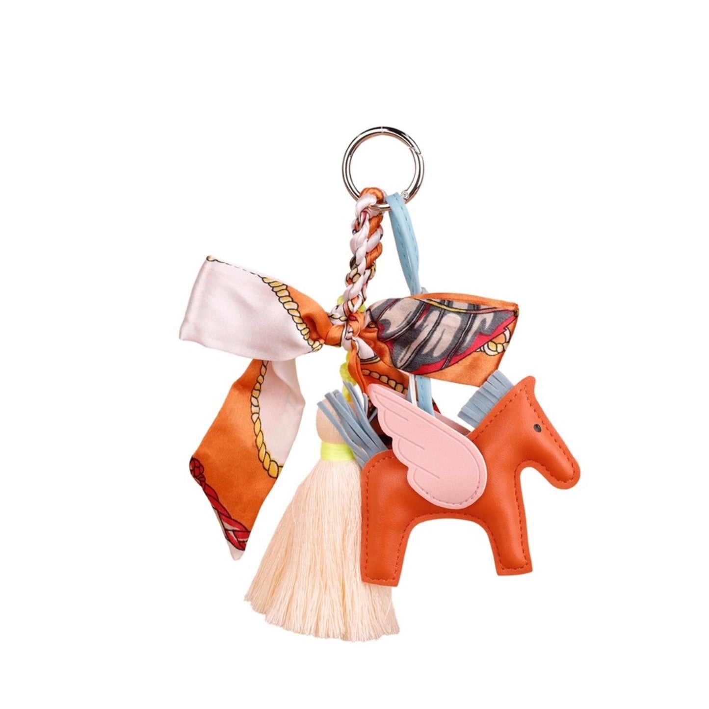Orange Winged Horse Silky Scarf & Tassel Bag Charm Keychain– PU Leather