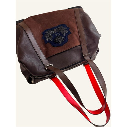 Christian Louboutin Bagdamon Boston Tote Brown Leather Crest Red Sole Travel Bag