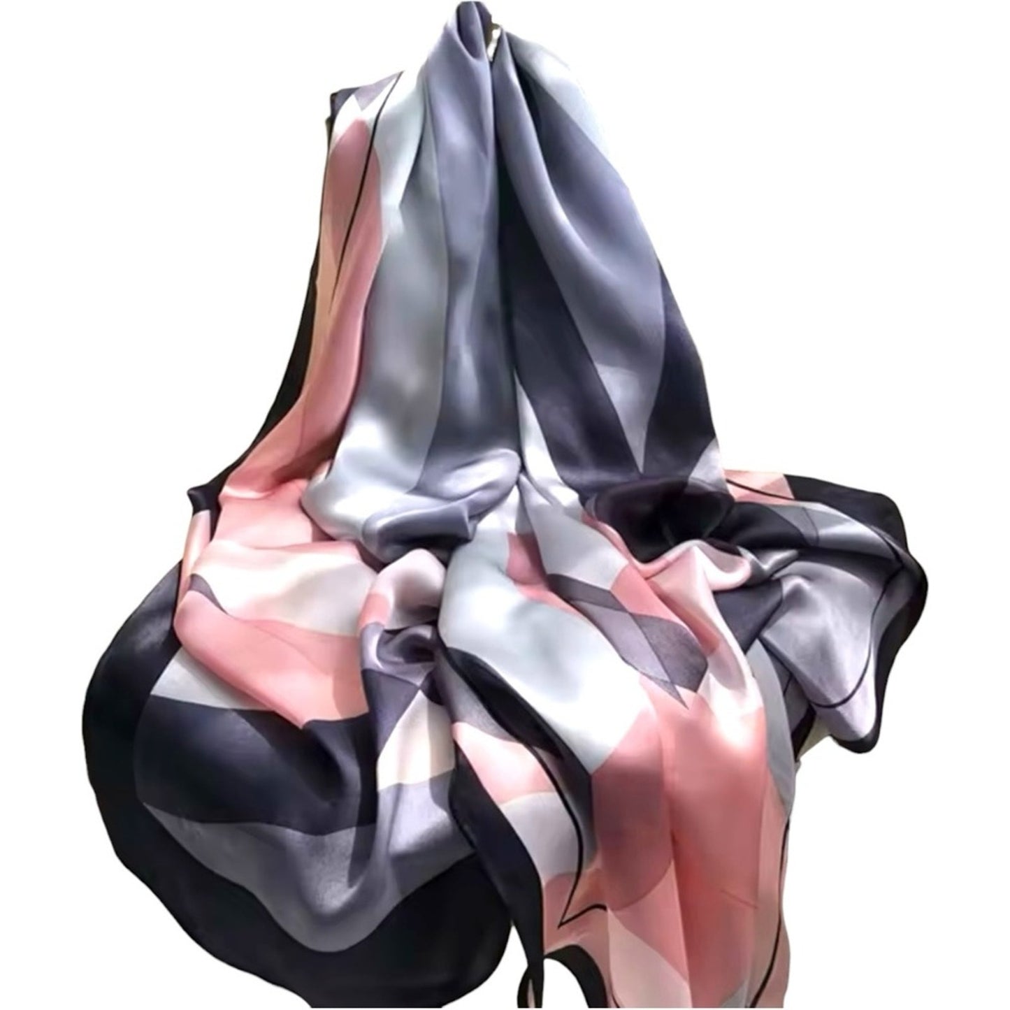 Pink Grey Silky Satin Geometric Scarf Shawl Wrap – Oversized Lightweight