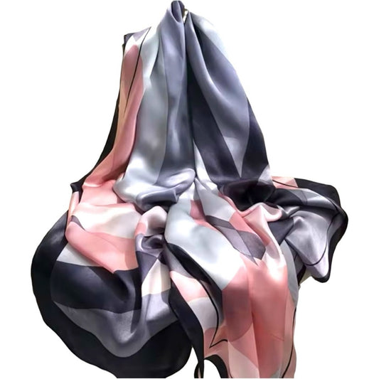 Pink Grey Silky Satin Geometric Scarf Shawl Wrap – Oversized Lightweight