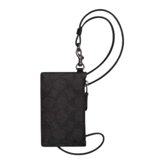 Coach Black & Charcoal Signature Canvas Zip Lanyard Card Holder NWT