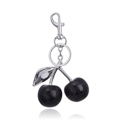 Black Glitter Cherry Bag Charm Keychain | Purse Charm with Silver Hardware